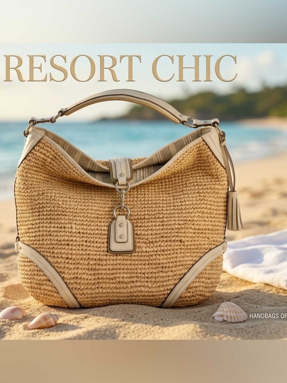 Coach / Vintage Legacy Large Woven Straw & Cream Leather Trim Hobo Bag